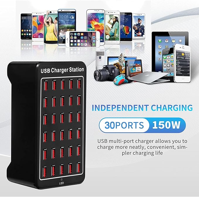 30-Poorts USB-Oplader, 150W/30A USB Smart Charger, 30-in-1 Desktop Charging Hub