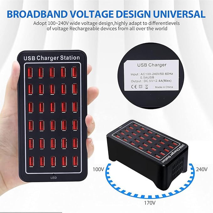 30-Poorts USB-Oplader, 150W/30A USB Smart Charger, 30-in-1 Desktop Charging Hub