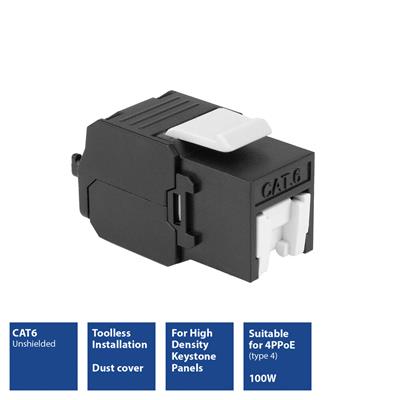 [KAB.KS.6sh] Keystone jack unshielded RJ-45 Tool Free, CAT6 Zwart, Dustcover